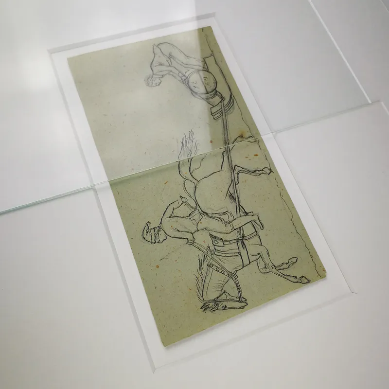 Øverst: Alm. glas Nederst: Museumsglas/Art Glass (standard) med UV-beskyttelse og antireflektivt glas. Det er en anelse sværere at skære ud og sætte i rammen, fordi glasset er svært at se (og derfor også svært at fotografere). Wilhelm Marstrand (1810-1873) har tegnet skitsen.